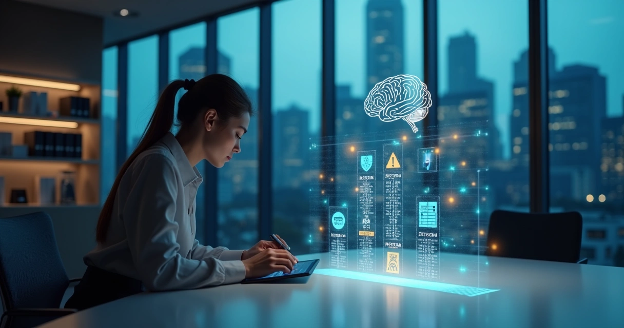 Profissional avaliando decisões de IA em mesa com painel digital