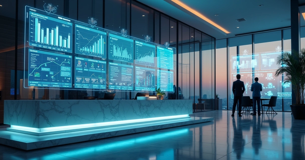 sede-banco-agentes-ia-compliance-747.webp Lobby moderno de banco com painéis digitais de dados financeiros e gráficos de compliance por IA