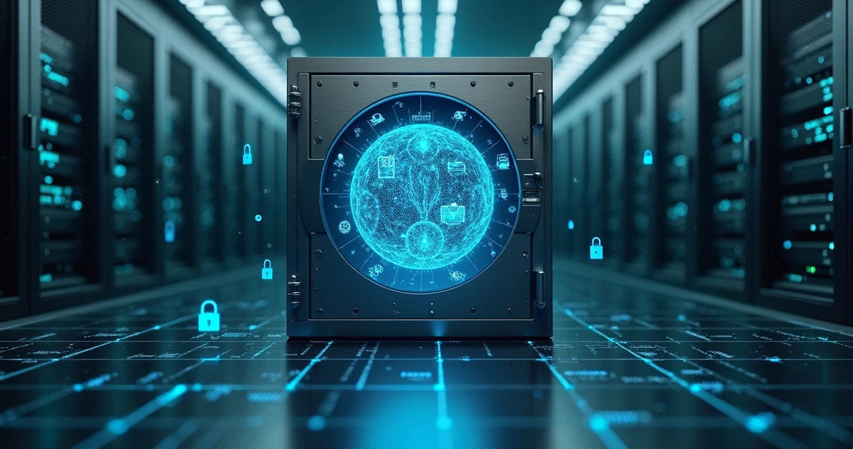 Cofre digital aberto protegendo ícones de sistemas corporativos e um agente de IA