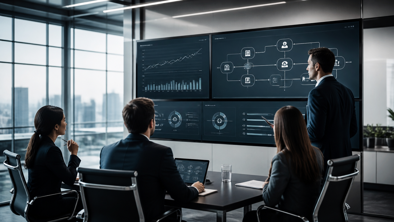 Equipe corporativa acompanhando fluxos operacionais integrados com inteligência artificial em ambiente empresarial moderno