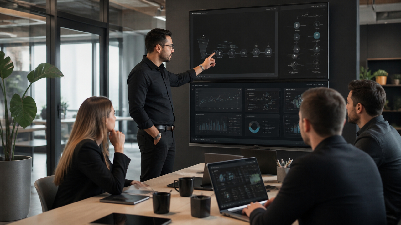 equipe-corporativa-analisando-automacao-de-vendas-com-inteli-c7b343b4.jpg Equipe corporativa analisando automação de vendas com inteligência artificial em dashboards e sistemas integrados