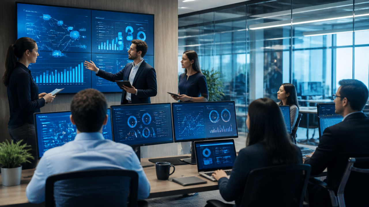 Equipe corporativa analisando automação e dados em ambiente empresarial com recursos de inteligência artificial
