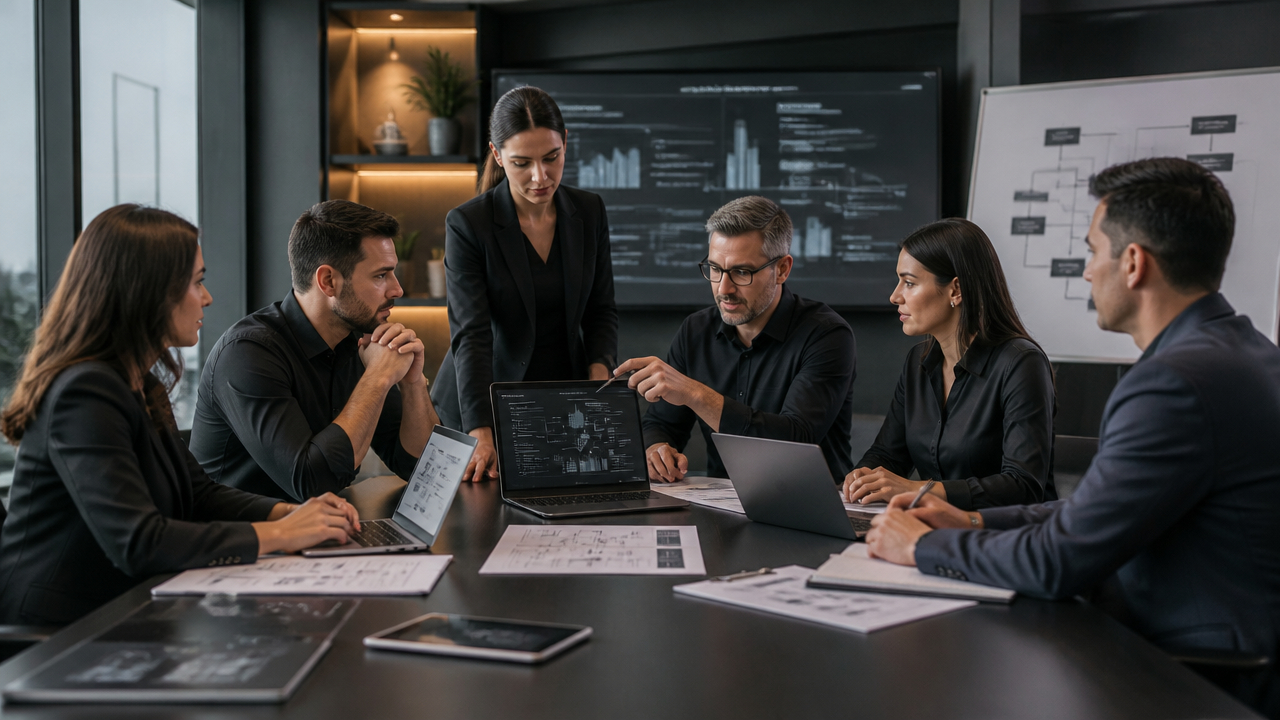Equipe de empresa de médio porte planejando a implementação de inteligência artificial em processos internos