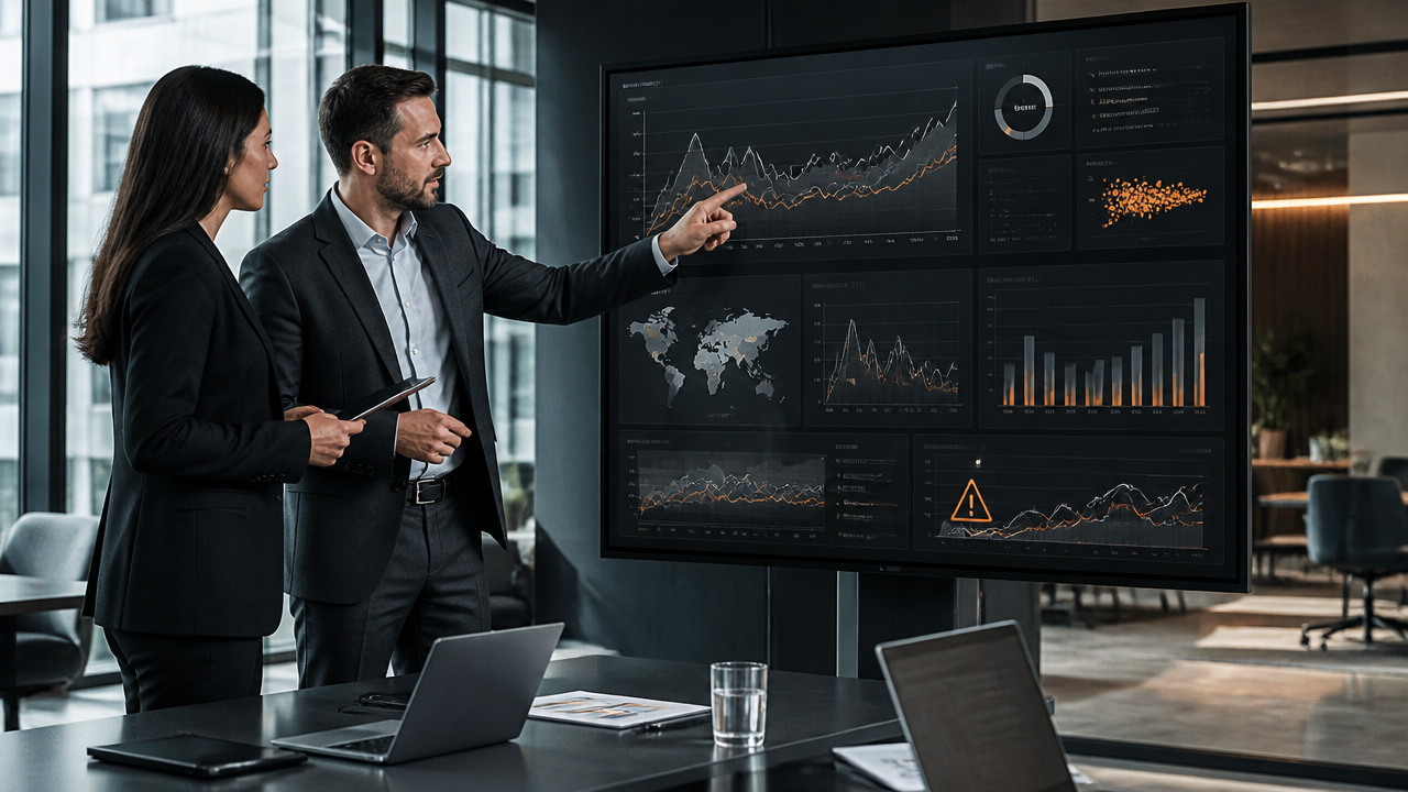 Executivos analisando dashboards e projeções de dados com apoio de inteligência artificial em ambiente corporativo.