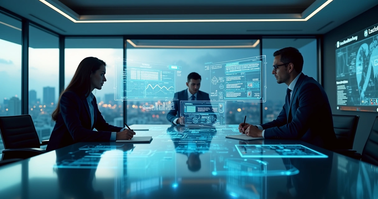 Executivo observa painel holográfico com fluxos de trabalho automatizados por IA em escritório corporativo