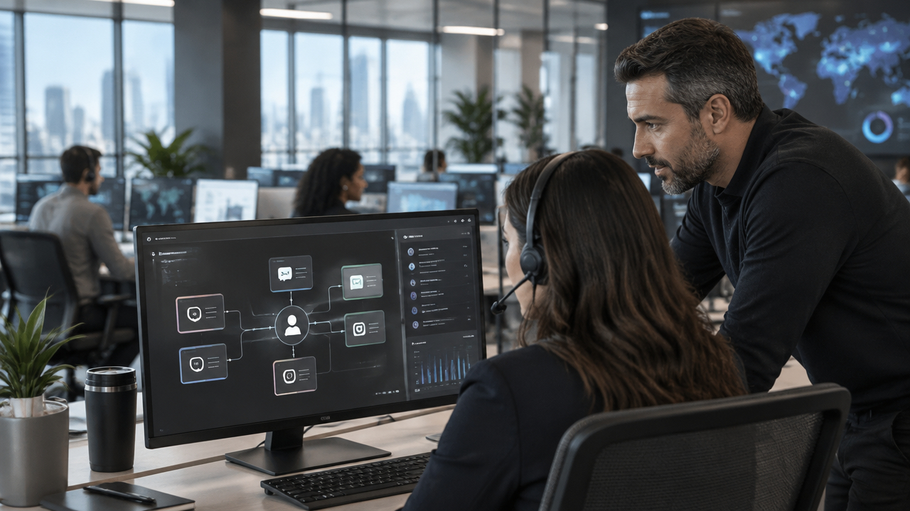 Equipe de operações empresariais acompanhando um fluxo integrado de atendimento automatizado por inteligência artificial
