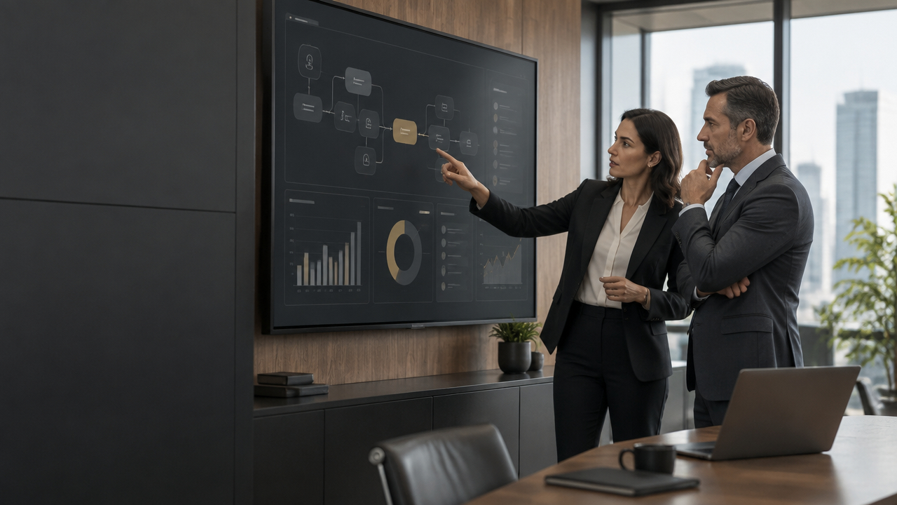 executivos-analisam-custos-e-fluxos-de-trabalho-de-uma-imple-bca8287e.jpg Executivos analisam custos e fluxos de trabalho de uma implementação de IA agêntica em um painel corporativo.